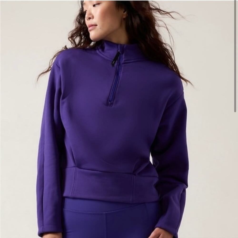 Athleta Coaster Luxe Crop 1/4 Zip Pullover Blue Ruched Hem Sweatshirt Size S